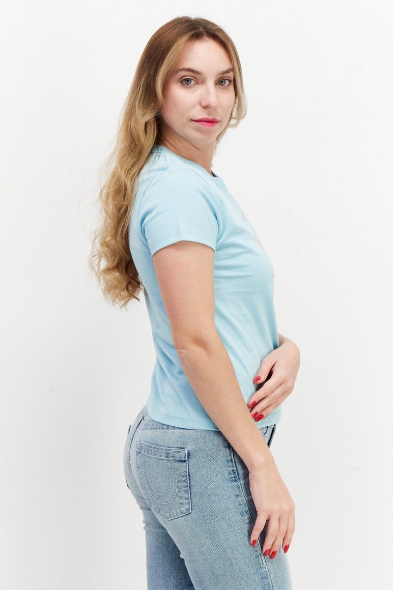 Women Crew Neck Short Sleeve Graphic Print Top, Light Blue