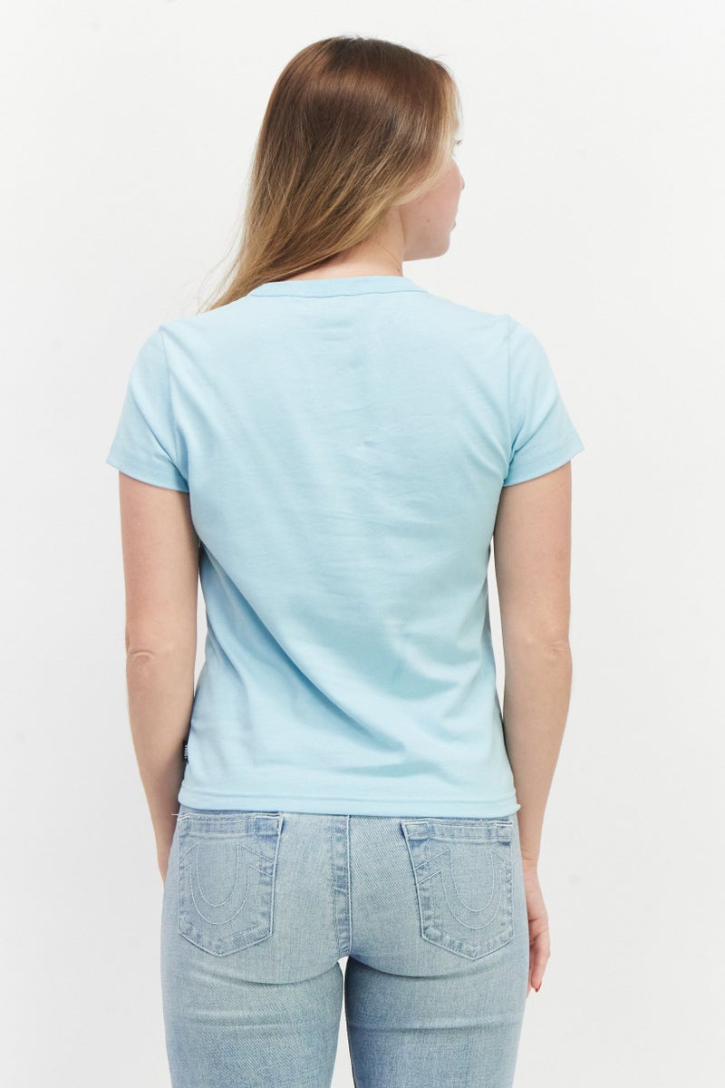 Women Crew Neck Short Sleeve Graphic Print Top, Light Blue