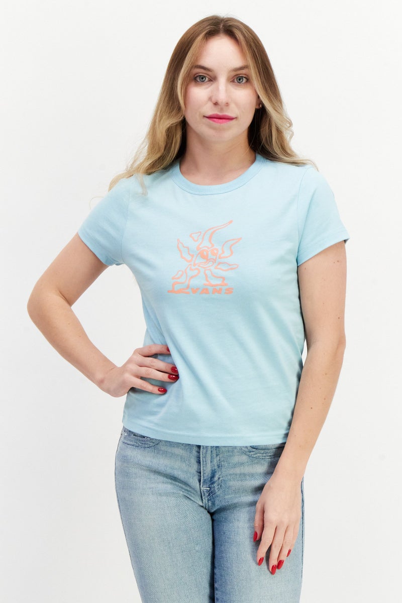 Women Crew Neck Short Sleeve Graphic Print Top, Light Blue