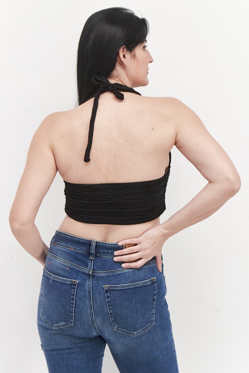 Women Halter Neck Sleeveless Glitter Crop Top , Black