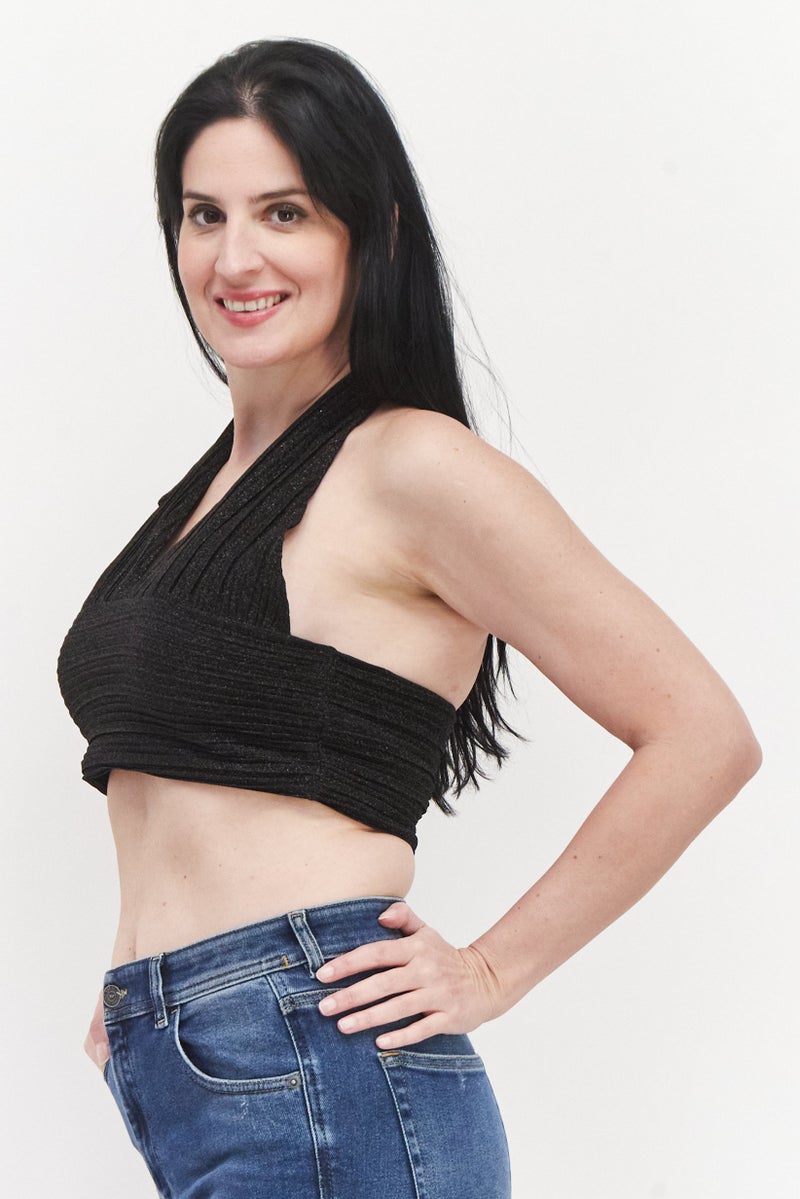 Women Halter Neck Sleeveless Glitter Crop Top , Black