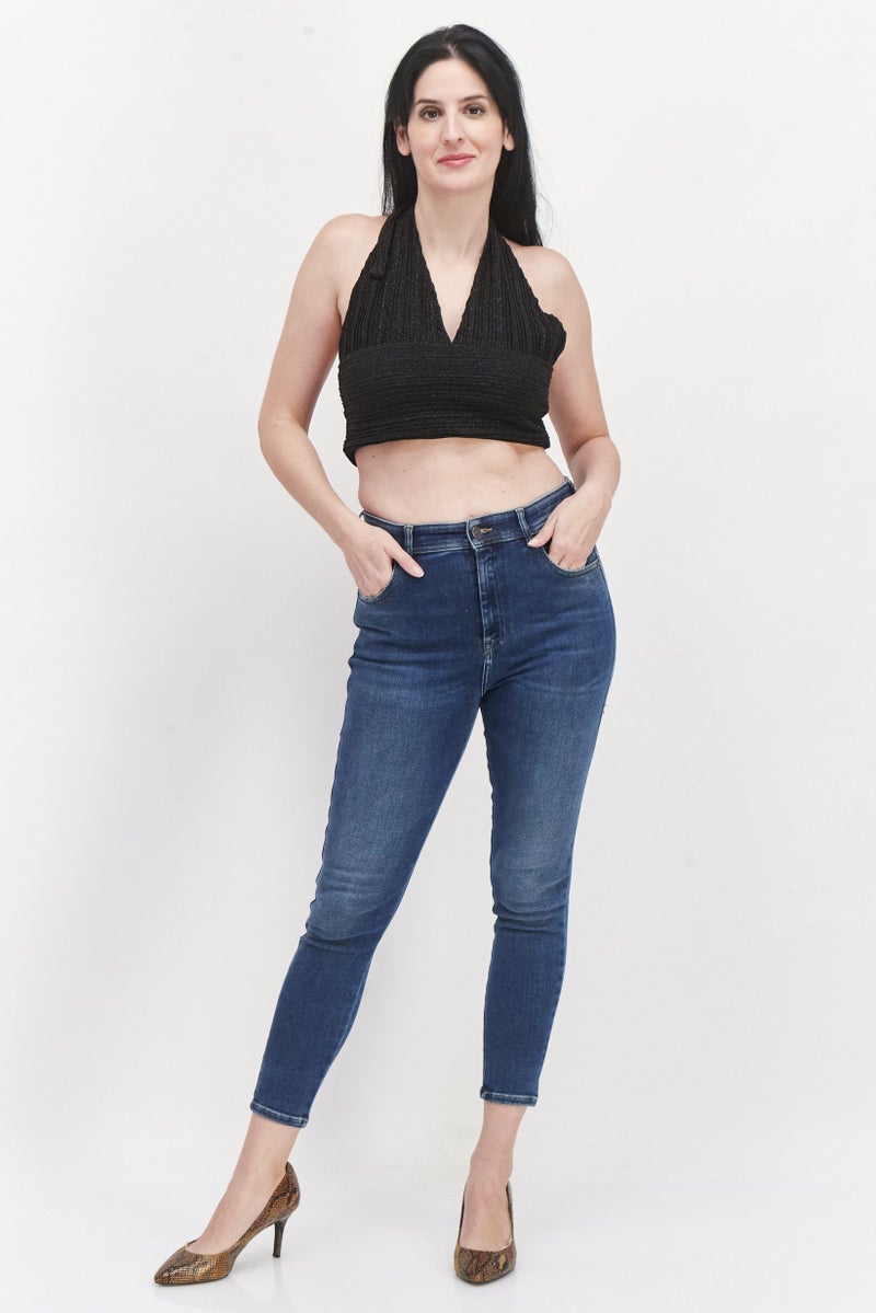 Women Halter Neck Sleeveless Glitter Crop Top , Black