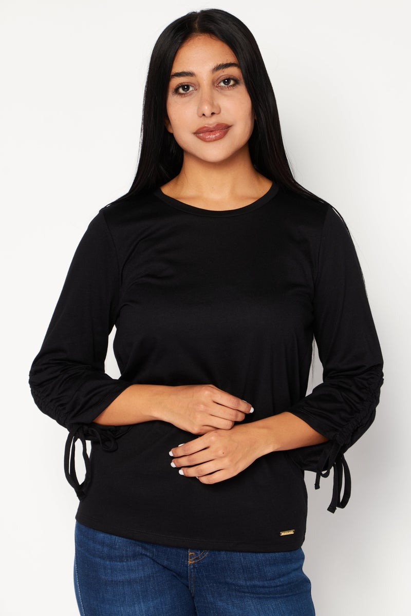 Women Crew Neck 3/4 Sleeve Solid Top, Black