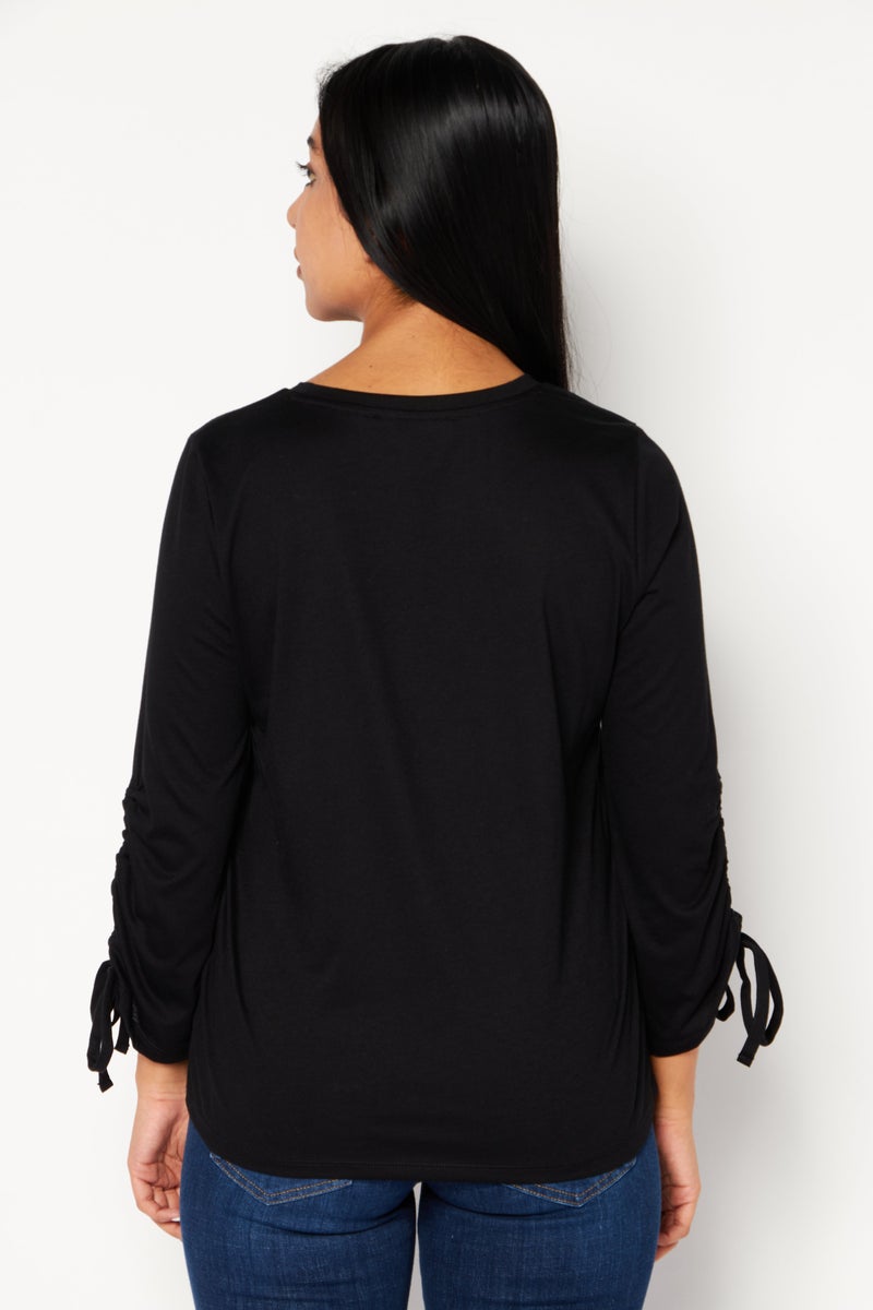 Women Crew Neck 3/4 Sleeve Solid Top, Black