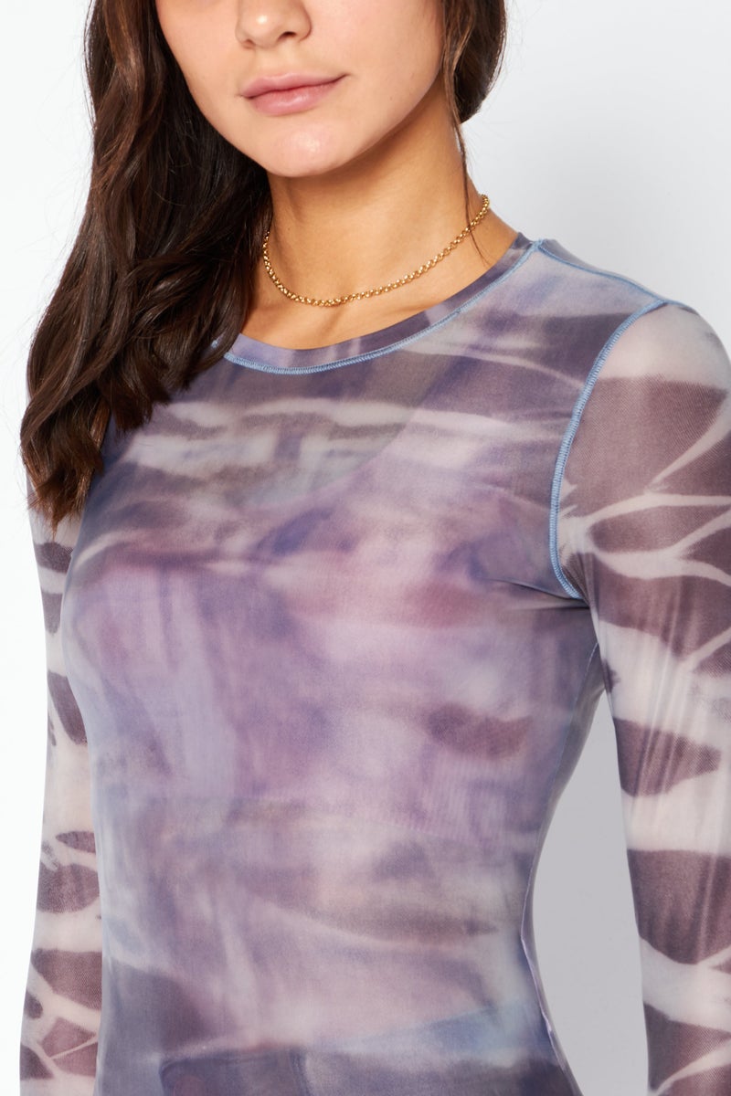 Women Crew Neck Long Sleeves Tie-Dye Top, Grey