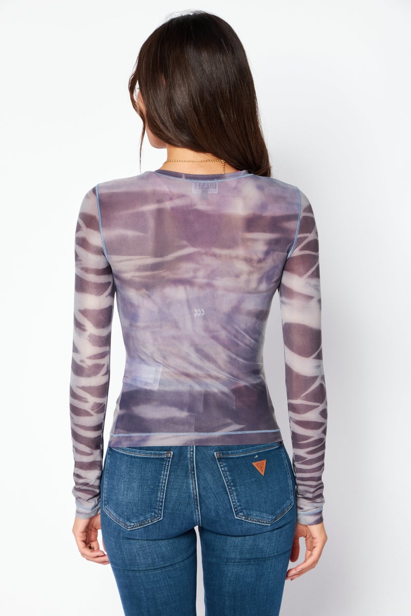 Women Crew Neck Long Sleeves Tie-Dye Top, Grey