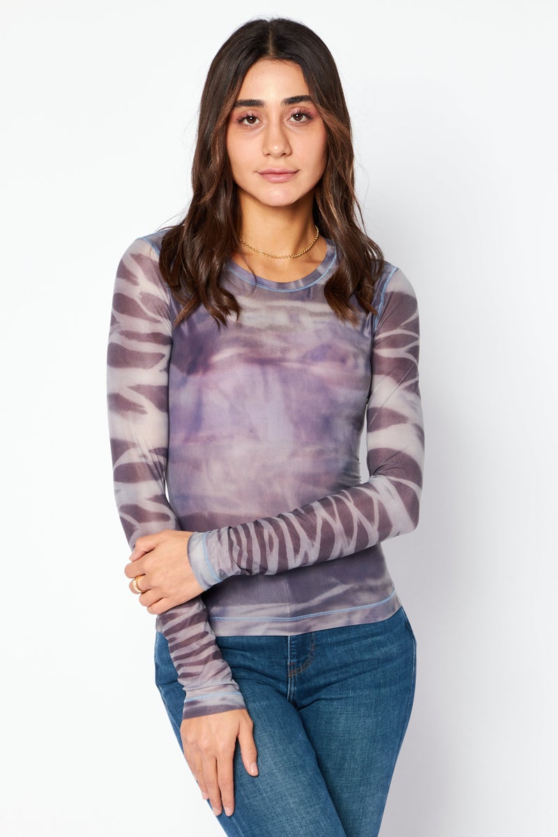 Women Crew Neck Long Sleeves Tie-Dye Top, Grey
