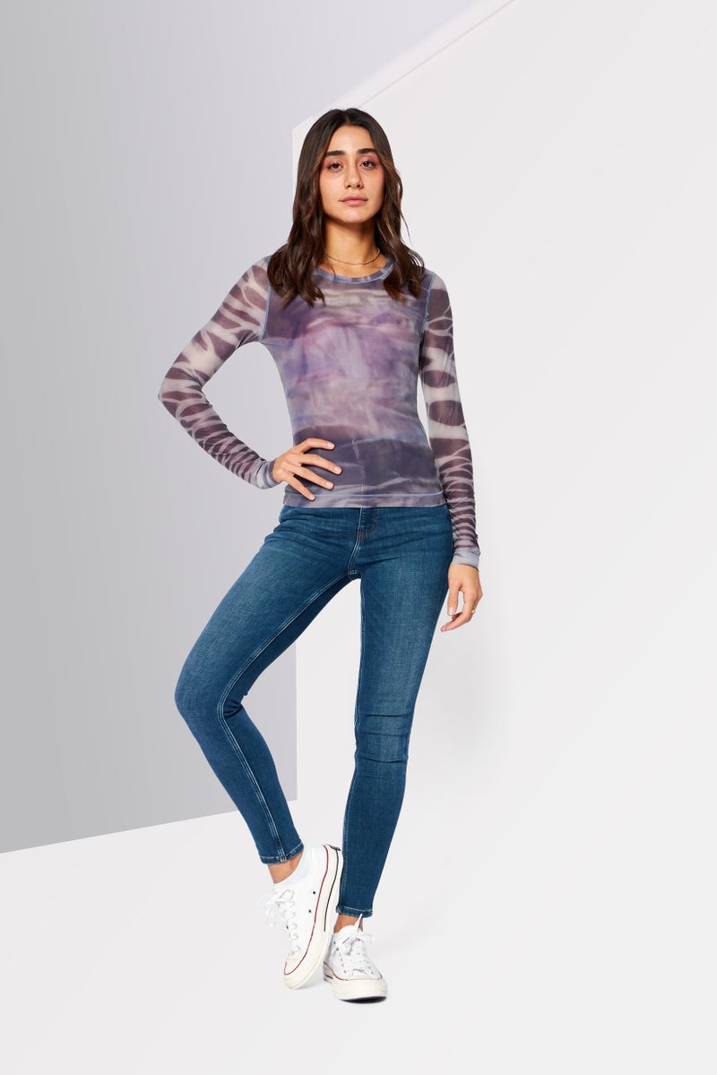 Women Crew Neck Long Sleeves Tie-Dye Top, Grey