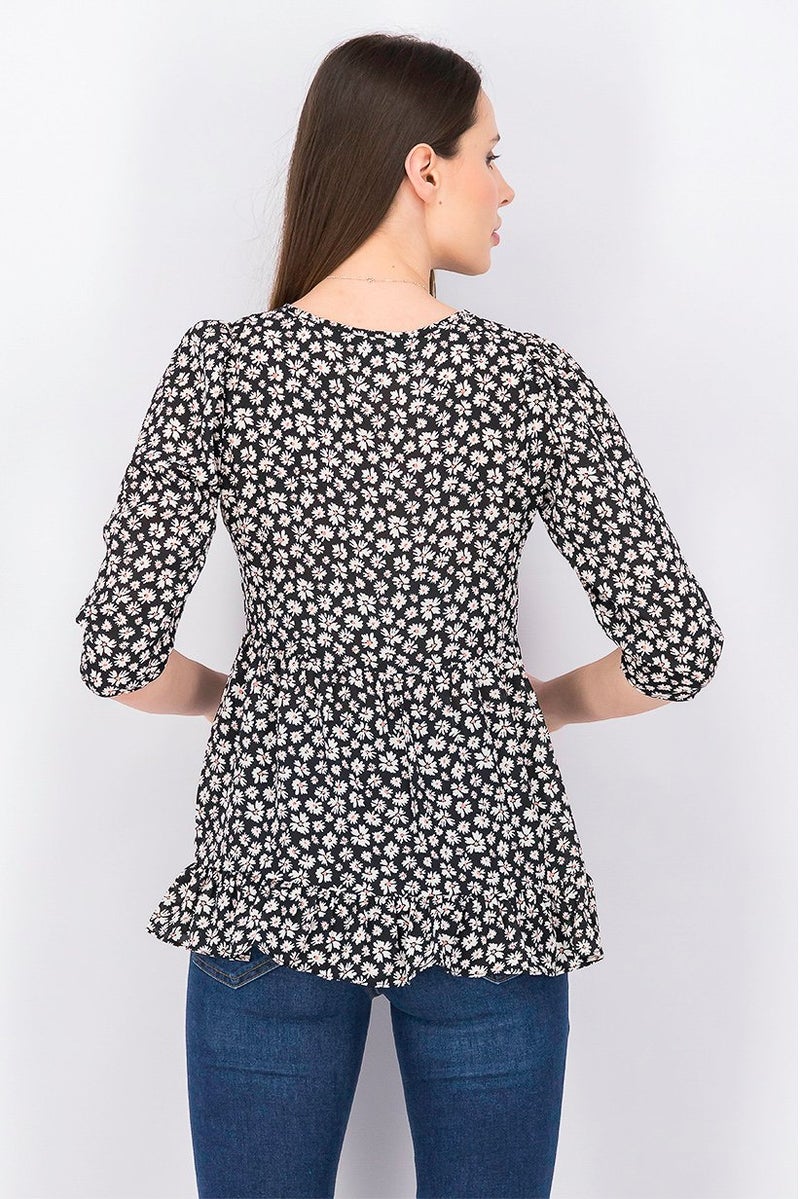 Women V-neck Puff Sleeves  Floral Print Blouse, Black Combo