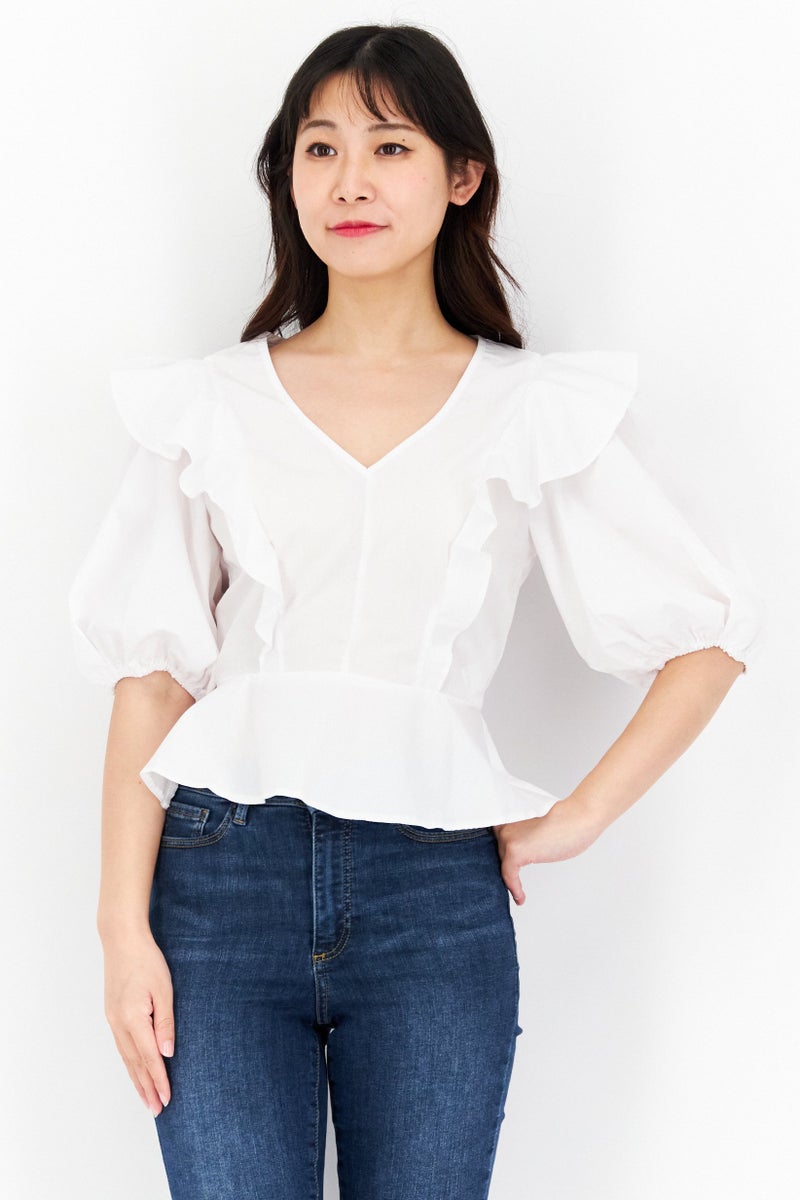 Women Petite V Neck 3/4 Sleeve Ruffle Poplin Top, White