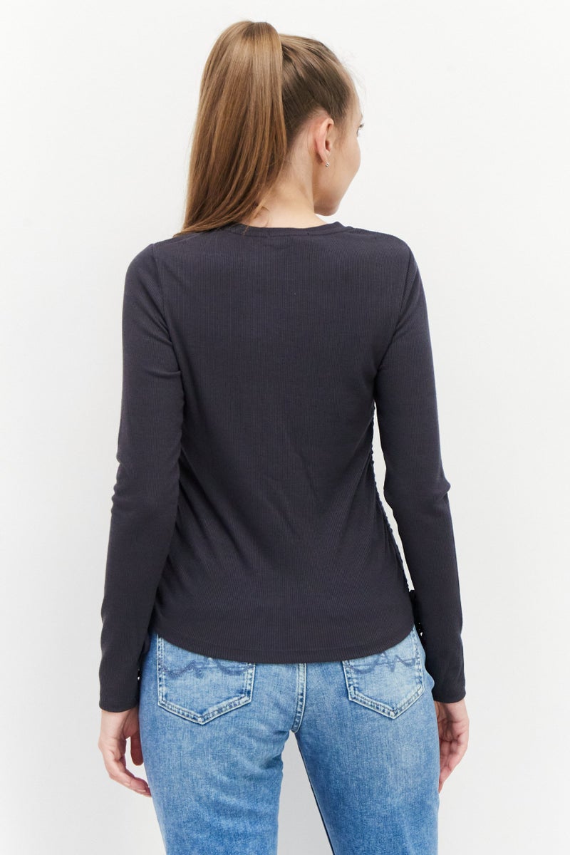 Women Crew Neck Long Sleeves Ribbed Blouse, Dark Grey