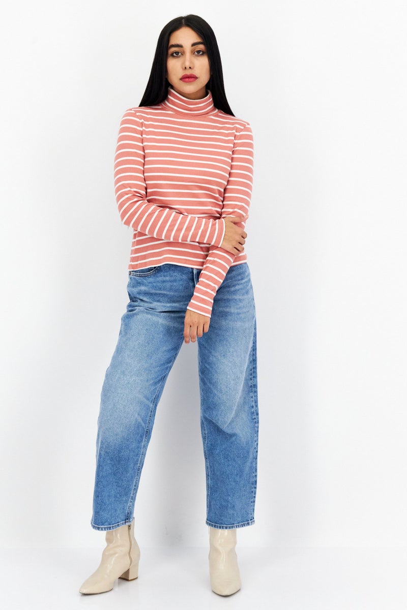 Women Funnel Neck Long Sleeve Stripes Top, Salmon