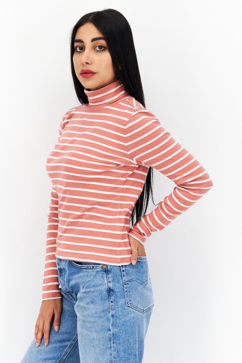 Women Funnel Neck Long Sleeve Stripes Top, Salmon