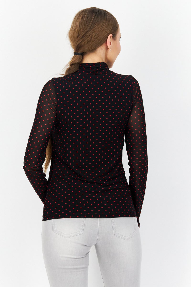 Women High Neck Long Sleeve All Over Print Blouse Top, Black