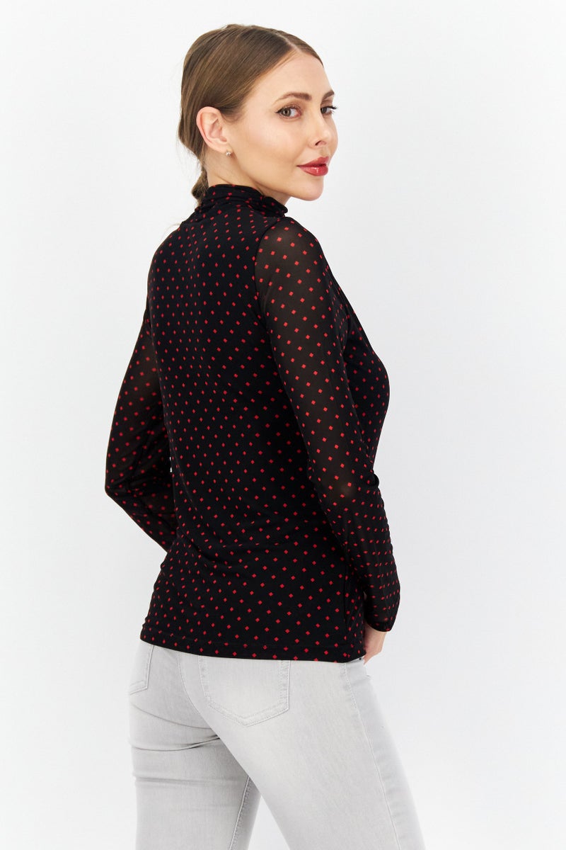 Women High Neck Long Sleeve All Over Print Blouse Top, Black
