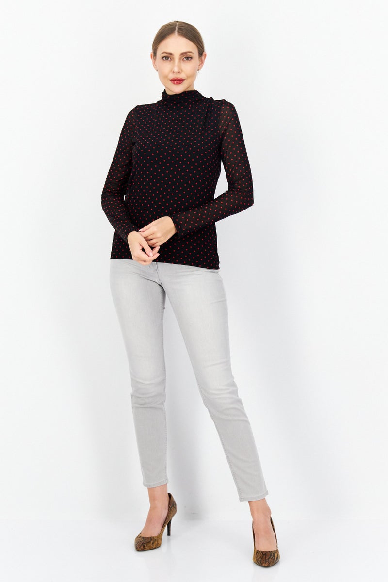 Women High Neck Long Sleeve All Over Print Blouse Top, Black