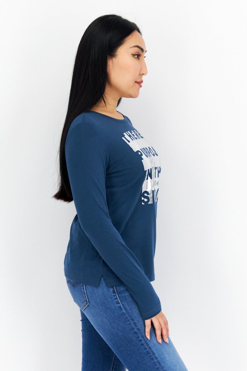 Women Crew Neck Long Sleeves Graphic Print Top, Teal Blue Combo