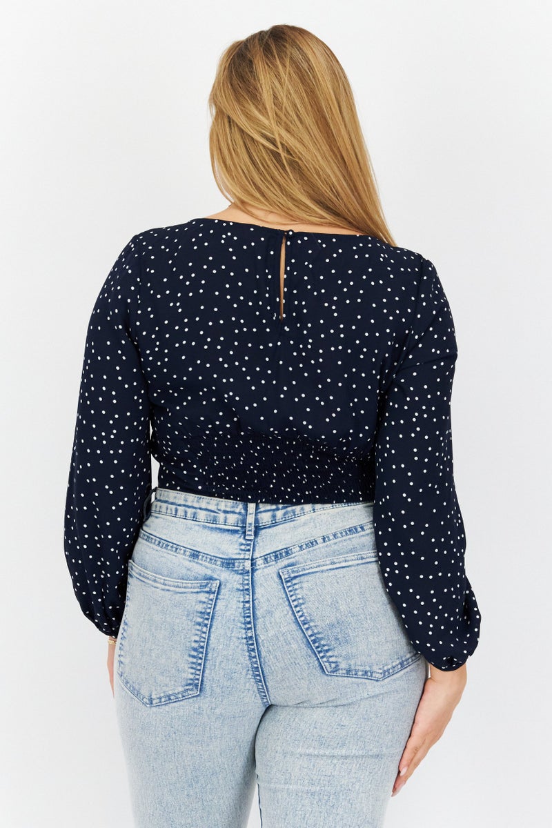 Women V-Neck Long Sleeve Polka Dots Top, Navy Blue/White