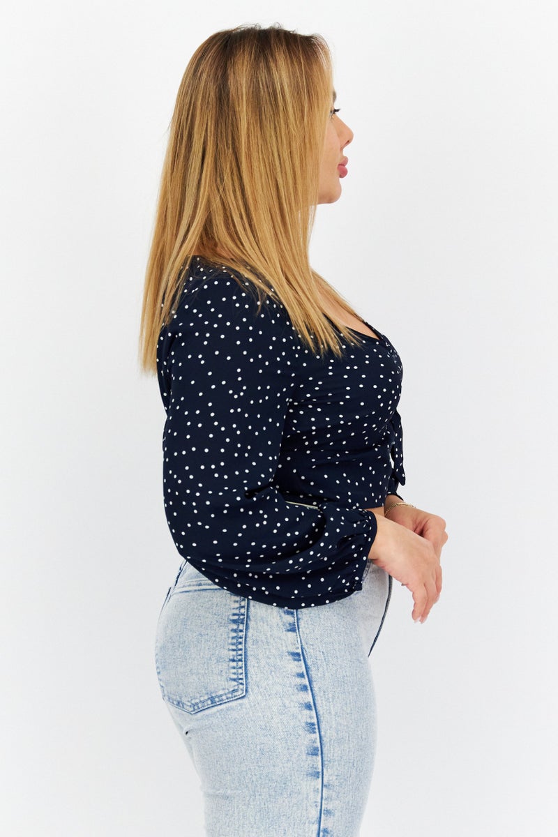 Women V-Neck Long Sleeve Polka Dots Top, Navy Blue/White