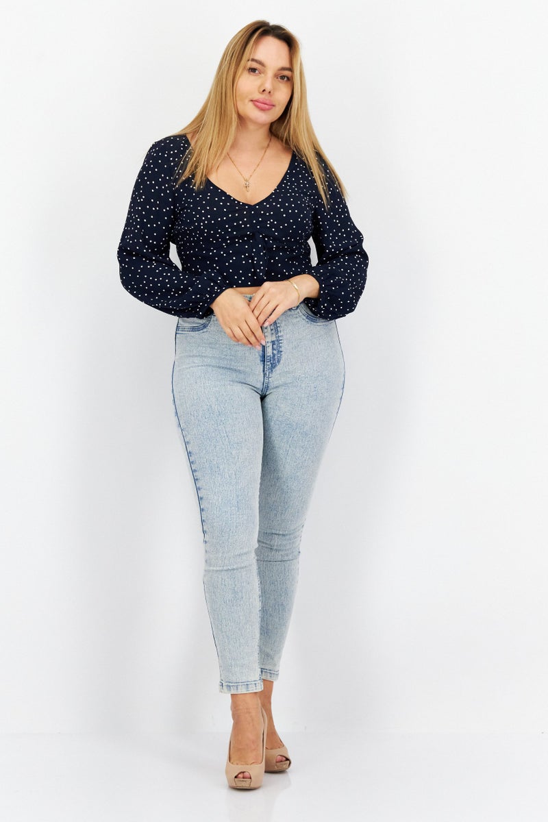 Women V-Neck Long Sleeve Polka Dots Top, Navy Blue/White