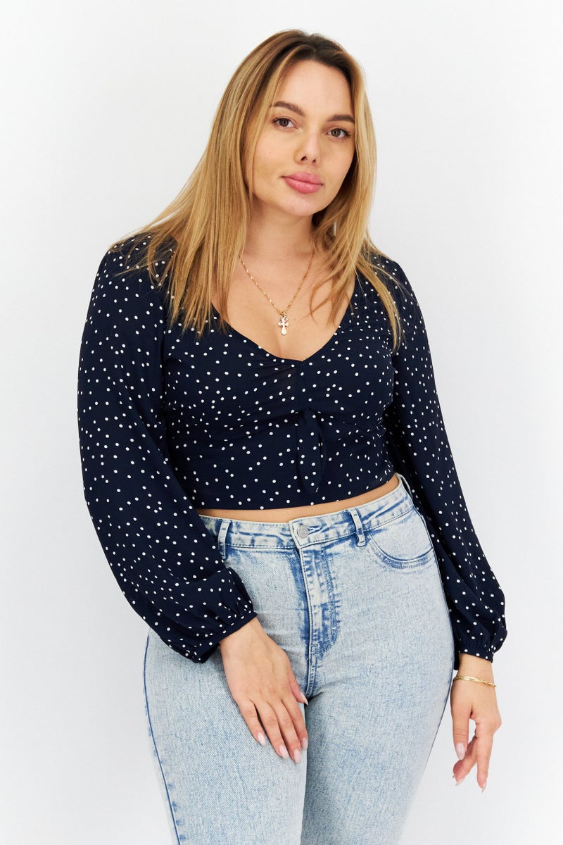 Women V-Neck Long Sleeve Polka Dots Top, Navy Blue/White