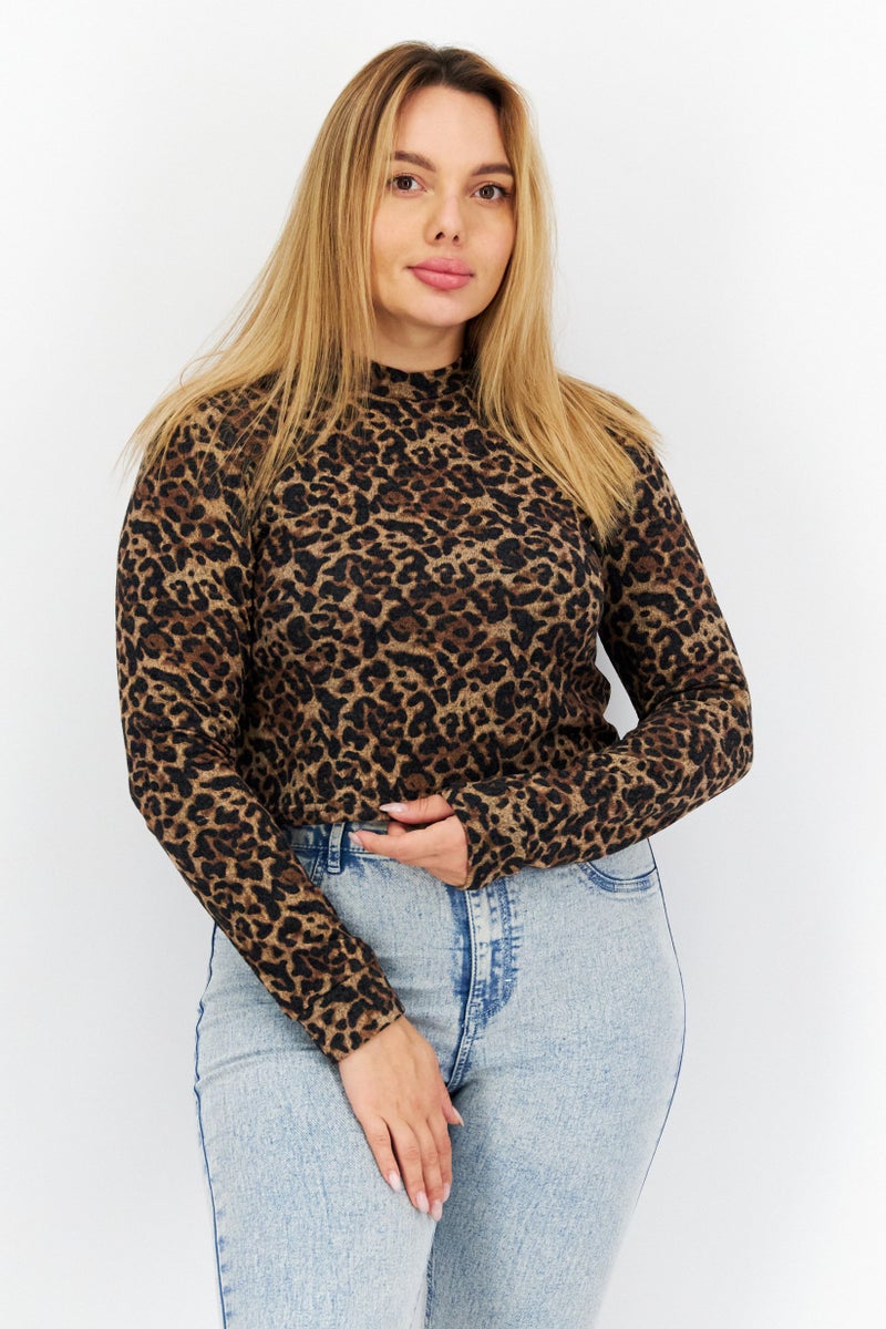 Women Mock Neck Long Sleeve Animal Print Top, Black/Tan