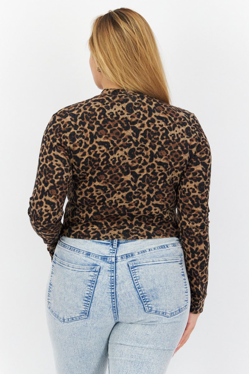 Women Mock Neck Long Sleeve Animal Print Top, Black/Tan