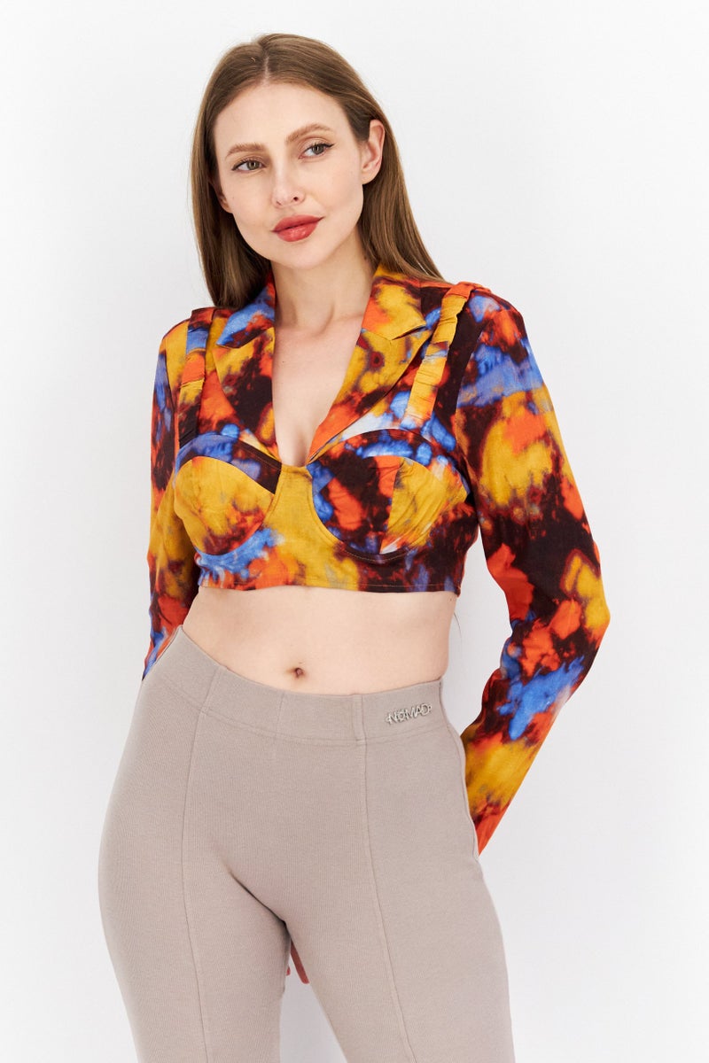 Women Notched Collar Long Sleeve Tie Dye Blouse, Orange