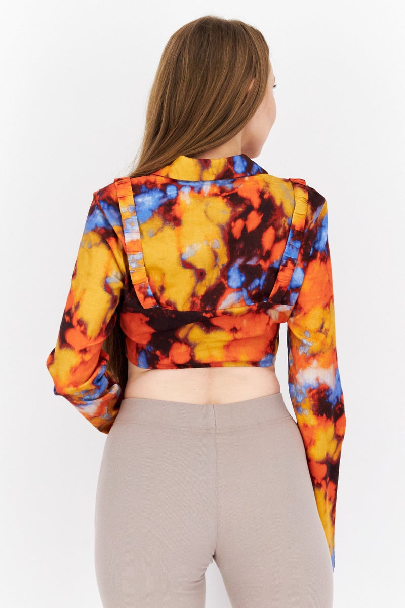 Women Notched Collar Long Sleeve Tie Dye Blouse, Orange
