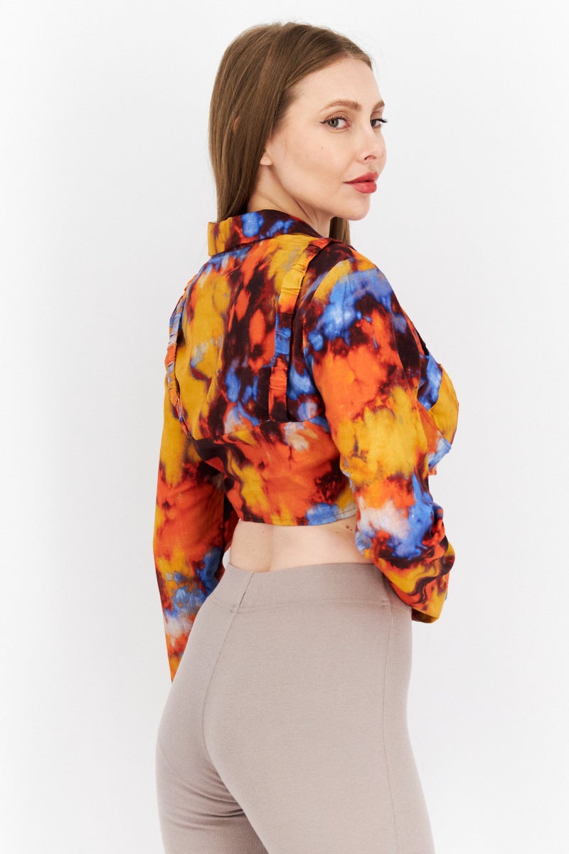Women Notched Collar Long Sleeve Tie Dye Blouse, Orange