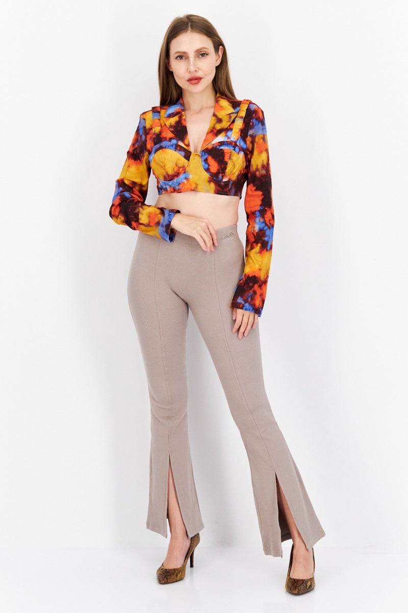 Women Notched Collar Long Sleeve Tie Dye Blouse, Orange