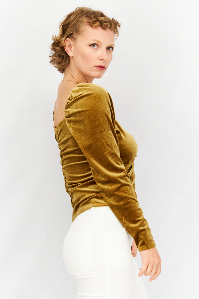 Women Square Neck Long Sleeve Velvet Ruched Detail Tops, Olive