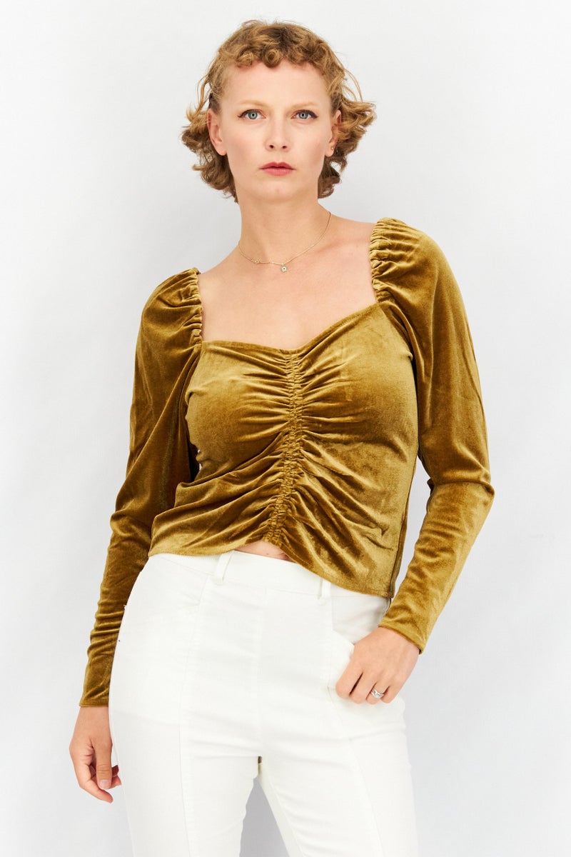 Women Square Neck Long Sleeve Velvet Ruched Detail Tops, Olive