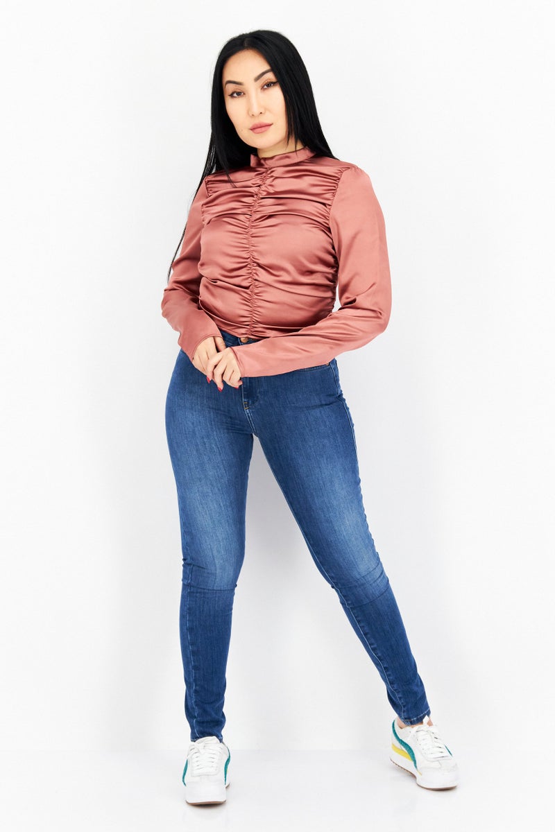 Women Crew Neck Textured Long Sleeves Blouse, Brown