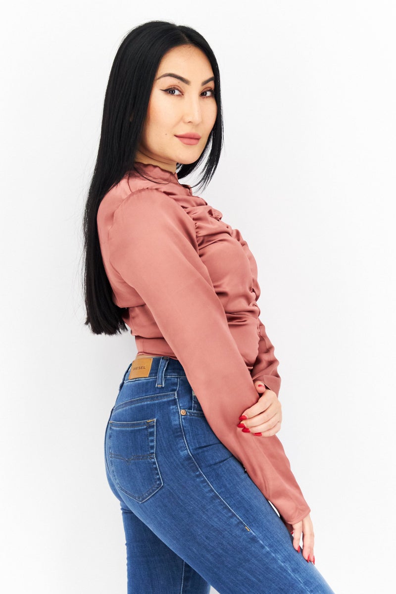 Women Crew Neck Textured Long Sleeves Blouse, Brown