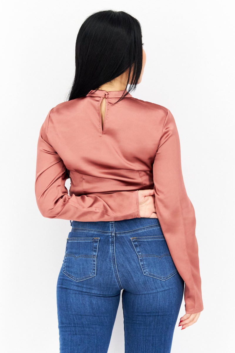 Women Crew Neck Textured Long Sleeves Blouse, Brown