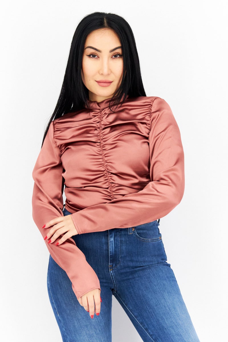 Women Crew Neck Textured Long Sleeves Blouse, Brown