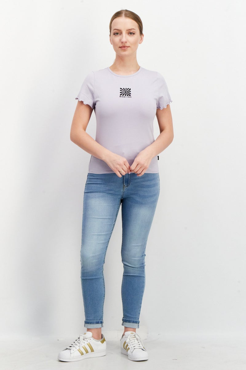 Women Crew Neck Short Sleeve Graphic Top, Lavender