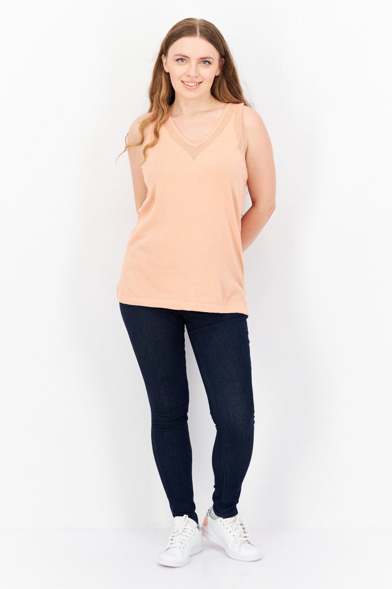 Women V-Neck Sleeveless Textured Tank Top, Peach