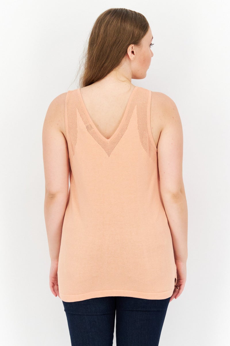 Women V-Neck Sleeveless Textured Tank Top, Peach