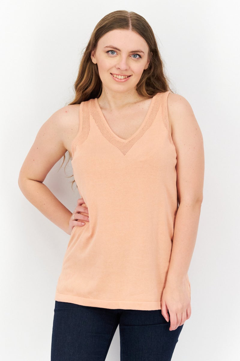 Women V-Neck Sleeveless Textured Tank Top, Peach