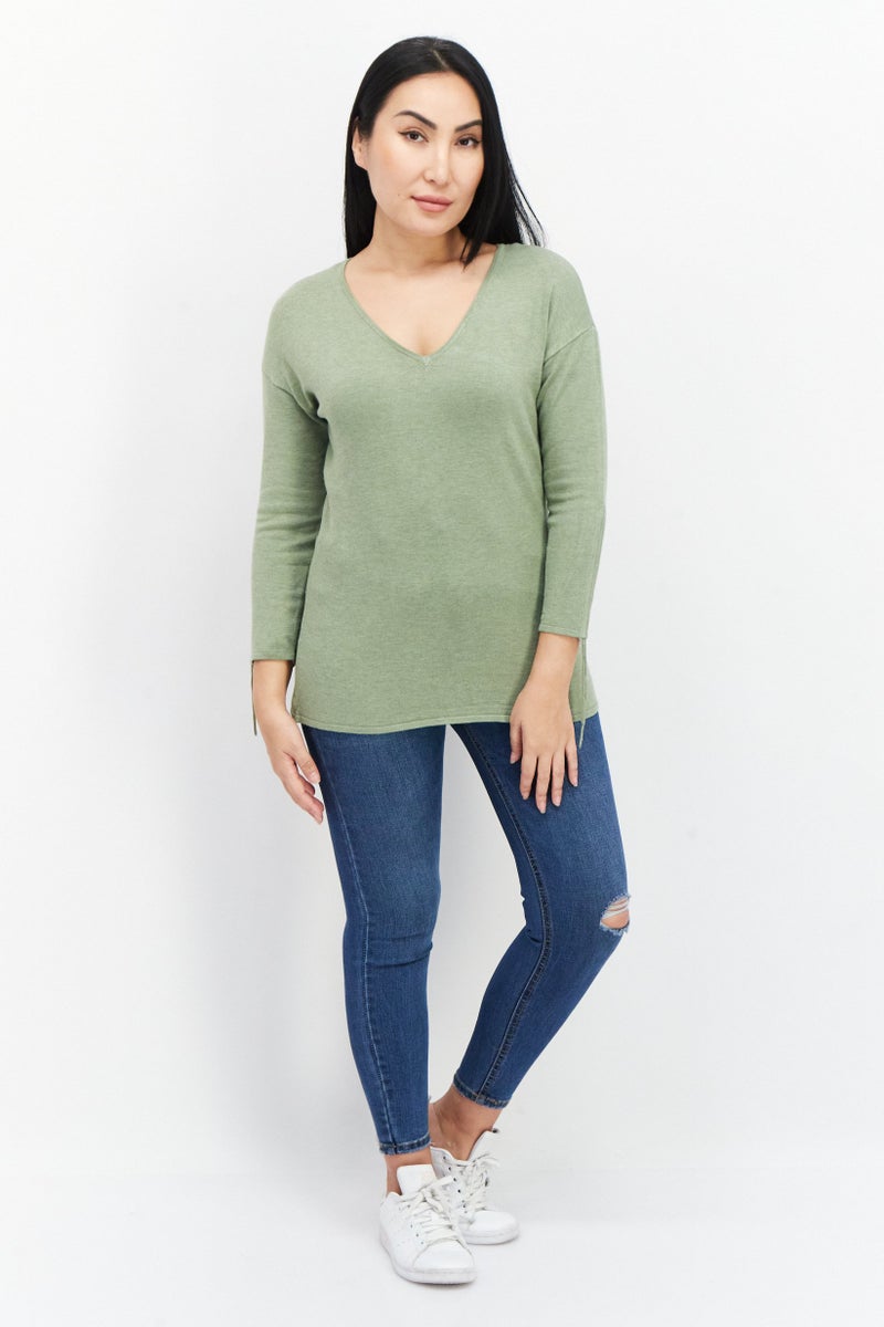 Women V-Neck Long Sleeve Textured Top, Olive