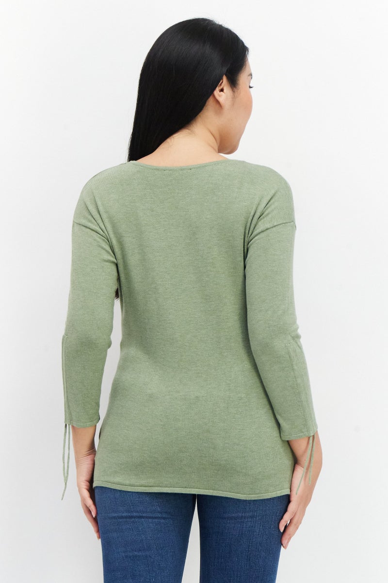 Women V-Neck Long Sleeve Textured Top, Olive