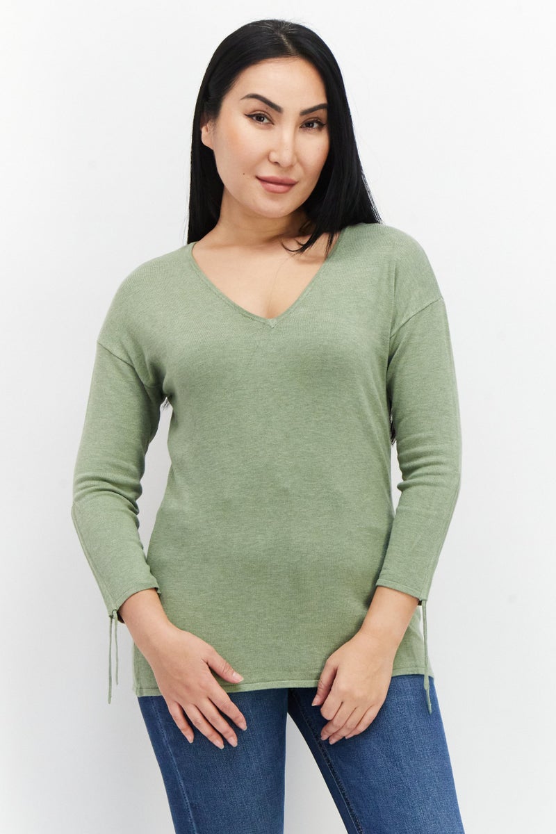 Women V-Neck Long Sleeve Textured Top, Olive
