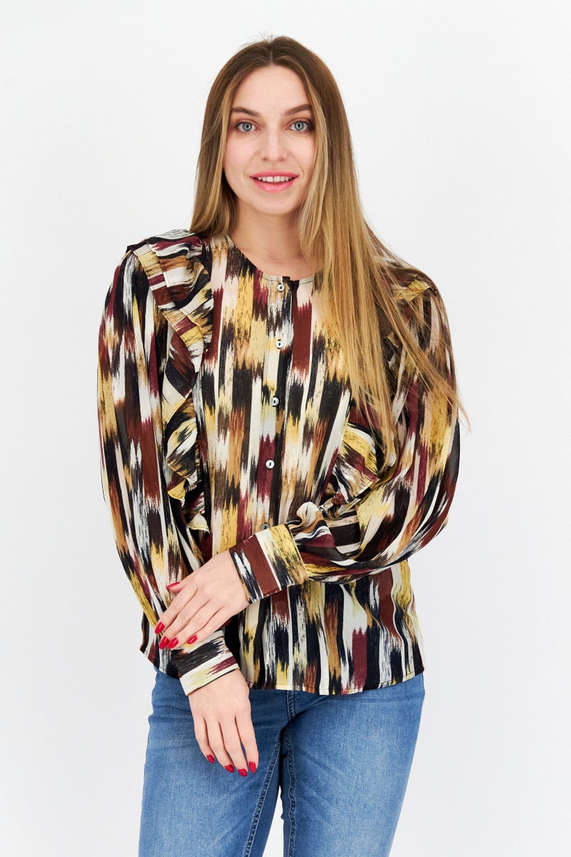 Women Round Neck Long Sleeve Allover Print Top, Brown Combo