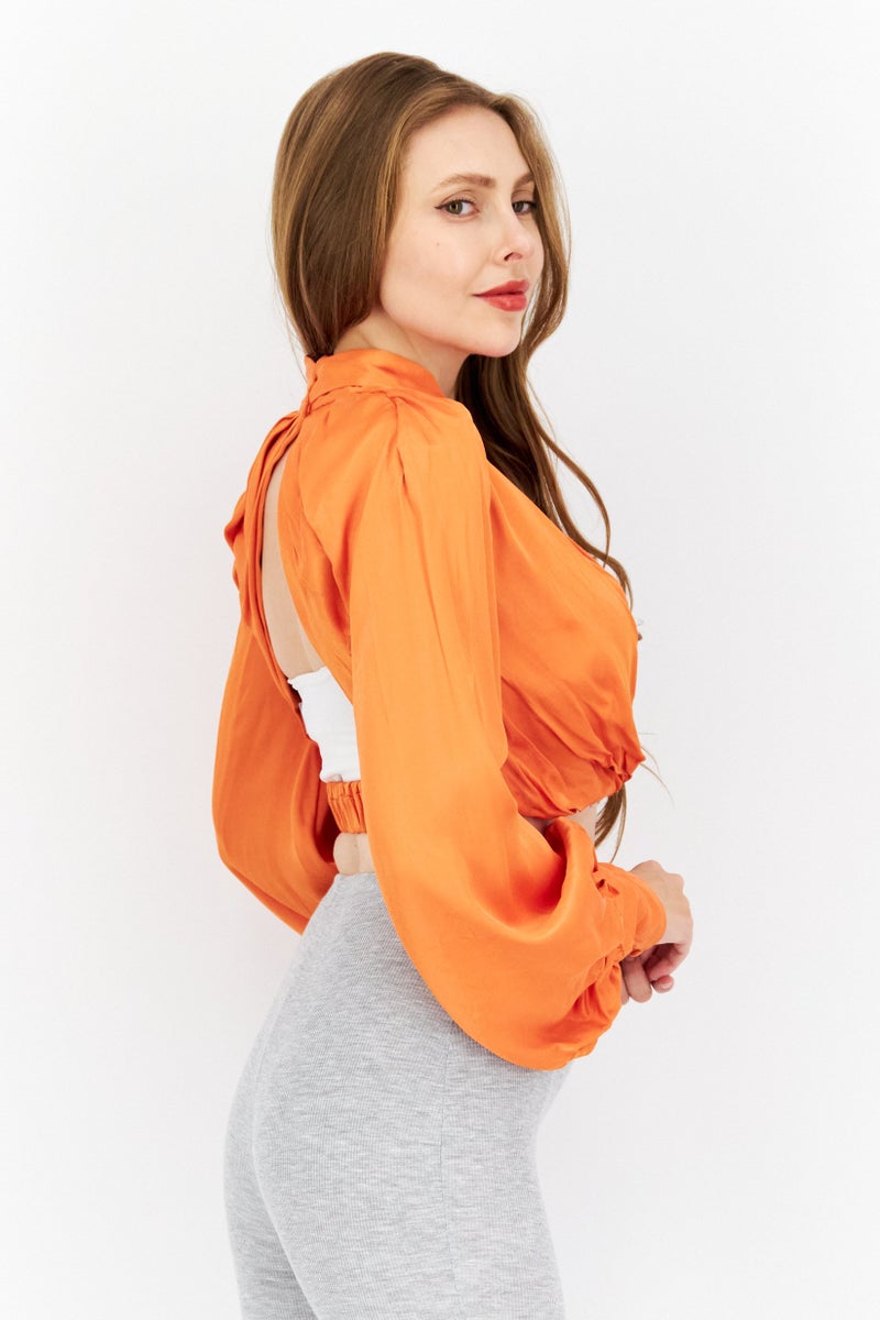 Women Plunging Neckline Blouson Sleeve Solid Crop Top, Spicy Orange