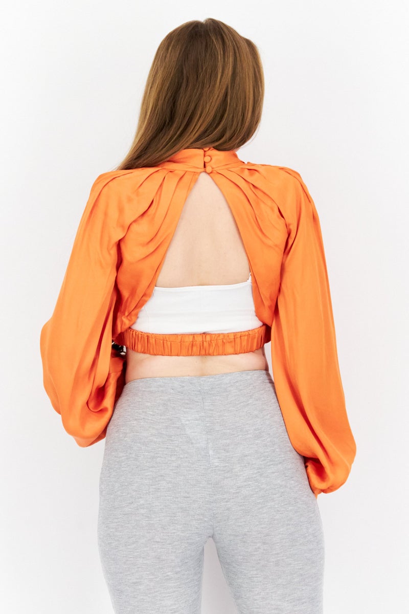 Women Plunging Neckline Blouson Sleeve Solid Crop Top, Spicy Orange