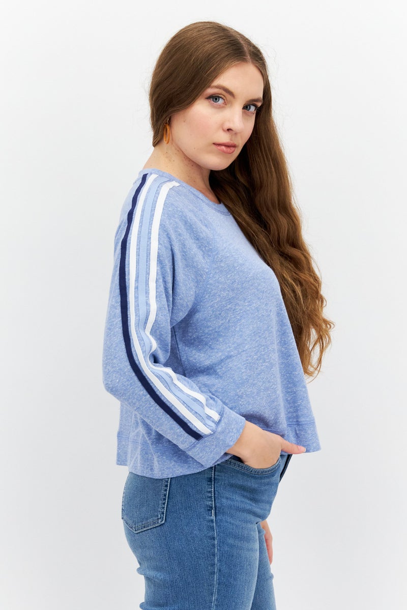 Women Crew Neck Long Sleeve Stripe Top, Blue Combo