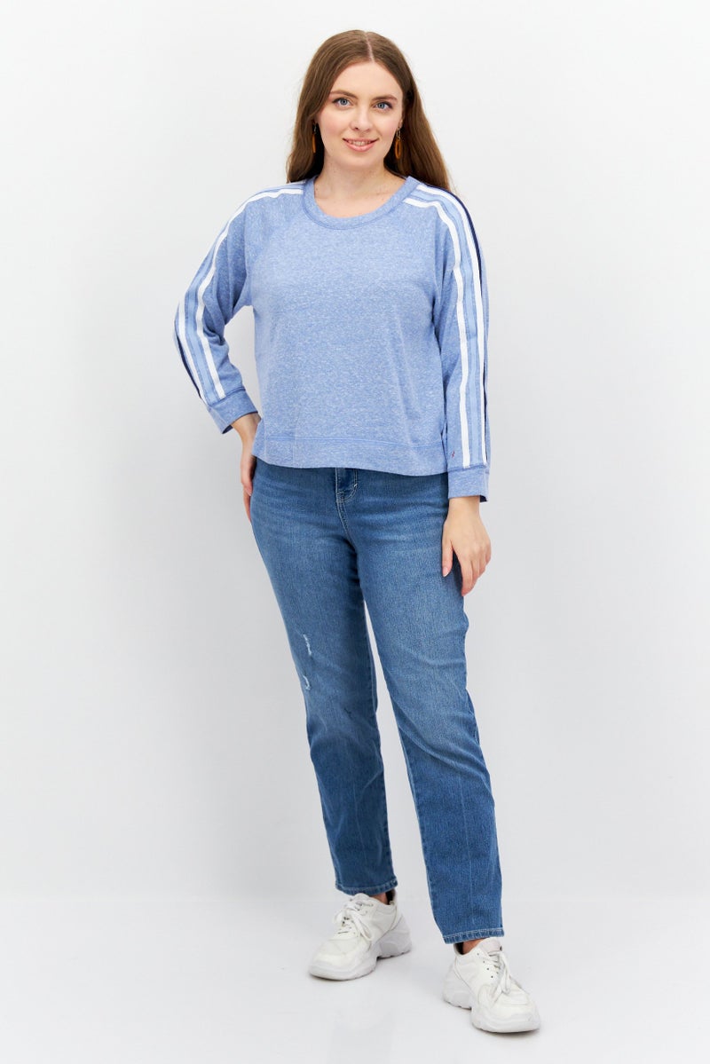 Women Crew Neck Long Sleeve Stripe Top, Blue Combo