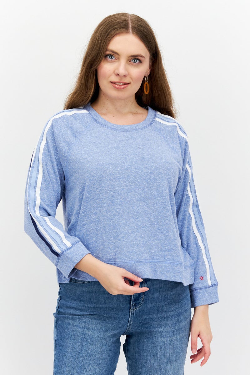 Women Crew Neck Long Sleeve Stripe Top, Blue Combo